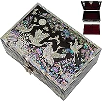 ジュエリーボックス　漆器　マザーオブパール マザーオブパールジュエリーボックス,ミラー蓋付き,手作り,女性