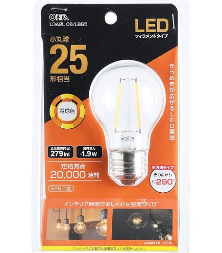 Amazon | OHM LED電球 フィラメントタイプ 一般電球形 E26 20形相当 2W