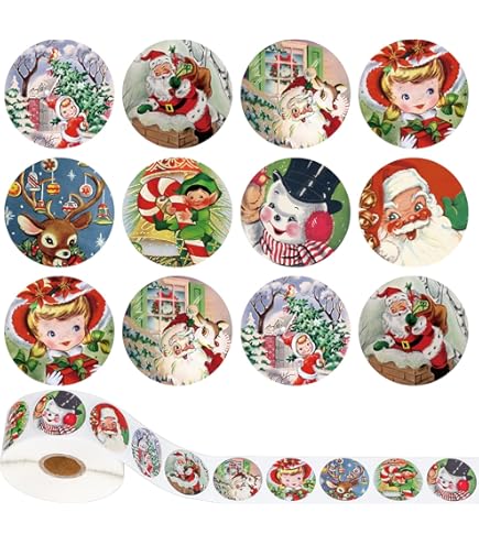 1200Pcs Vintage Christmas Stickers - Pink Watercolor Santa & Deer 2 Rolls 16 Designs