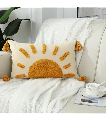 Zealax Boho Sun Decorative Throw Pillow Cover 18x18 Inch - Tufted With Tassels, Farmhouse Cushion Case For Couch, Bed