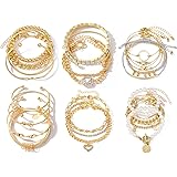 IFKM 6 PACK (24 PCS) Boho Gold Chain Bracelets Set for Women Girls, 14K Gold Plated Multiple Layered Stackable Open Cuff Wrap