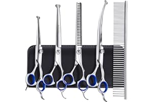 Gimars 4CR Stainless Steel Safety Round Tip 6 in 1 Dog Grooming Scissors, Heavy Duty Titanium Coated Pet Grooming Scissor for Dogs, Cats and Other Animals