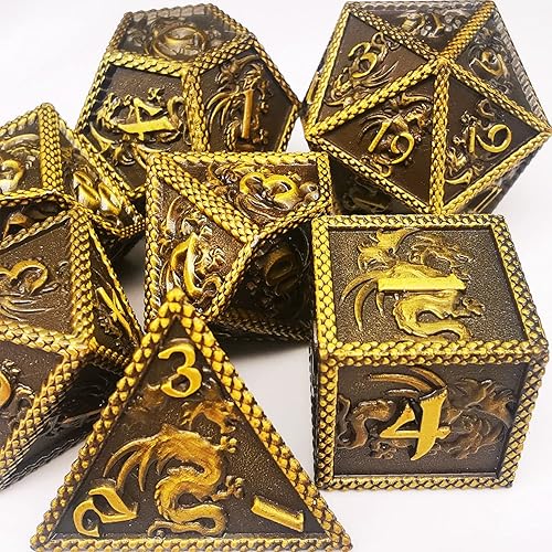 HAOMEJA Metal Dice DND Dragon 7 Set Dice Role Playing Dice D&D 7 Solid Dice for Dungeons and Dragons Pathfinder (Ancient Bras