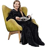 [Winthome] 着る毛布 足・袖付き毛布 着るブランケット メンズ レディース 冷え対策 ソファー毛布 ロング丈 着丈190cm かい巻き お昼寝ブランケット 防寒 保温(ブラック)