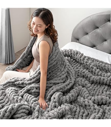 手編み大判マット　ブランケット Amazon｜チャンキーニットブランケット手作り編み物プレミアム