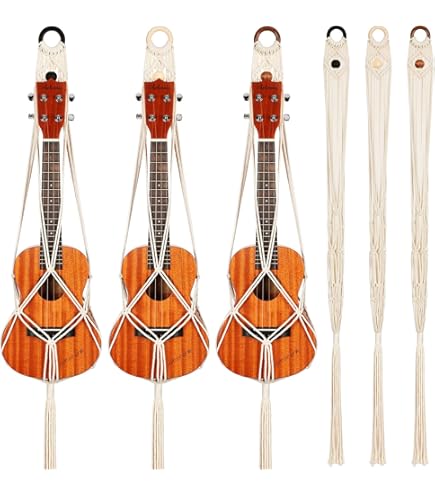 White Macrame Guitar Wall Hanger - Cotton Ukulele Holder With Wood Head For Wall Decor