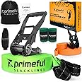 Primeful Slackline Kit 60 ft Length with Overhead Training Line, Arm Trainer, Wide Tree Protectors, Ergonomic Ratchet, Carry 