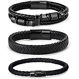 FIBO STEEL 3 PCS Stainless Steel Clasp Leather Bracelets for Men Wrap Braided Leather Bracelets Wrist Cuff Bangle 7.5-9.0 Inc