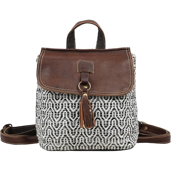 Myra Bag Upcycled Canvas & Leather Backpack - Boho-Chic Unique Bag From Recycled Materials, Grey, One Size