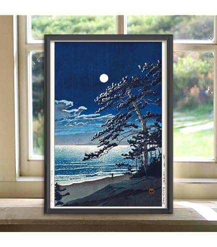 川瀬巴水、【馬込の月】、希少な額装用画集より、美品、新品額装付 川瀬巴水、【馬込の月】、希少な額装用画集より、美品、新品額装