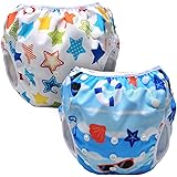 Luxja 赤ちゃん水着 ２点セット 0~3歳 サイズ調節可能 再利用可能 ピーチ+カラフルスター