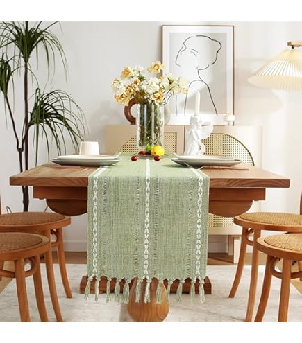 Tosleo Boho Table Runner 12x108 Inches - Khaki Striped Farmhouse Decor With Tassels