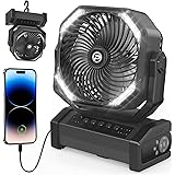 20000mAh Camping Fan with LED Light, Auto-Oscillating Desk Fan with Remote & Hook, Rechargeable Battery Operated Tent Fan, 4 