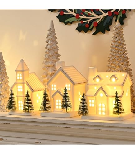 Amazon.co.jp: Kigley ホワイトウィンタービレッジ磁器クリスマス置物