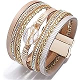 EunWow Leather Multilayer Bracelet Ladies Bracelet Women Magnetic Closure