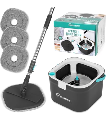 Spin Mop And Bucket Set With Separation Dirty And Clean Water System Self Wringing Square Mop Bucket 6 Washable Microfiber Pads 360 Rotating Clean Mop Home Cleani