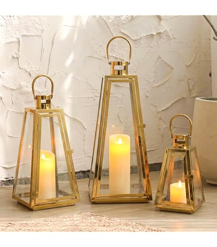 Set of 3 Stainless Steel Candle Lanterns 10/15.5/21.5''H