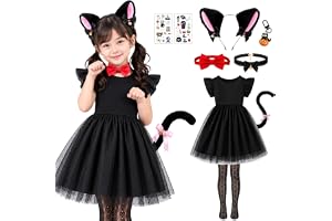 [GOKEI] 黒猫 コスプレ 女の子 ハロウィン 仮装 ワンピース 9点セット 130 | 猫耳カチューシャ ふわふわしっぽ ハート柄タイツ 黒ドット柄チュールスカート 長さ調節可能な赤い蝶ネクタイ かぶり式で着替え簡単 蓄光シール付き お遊戯会