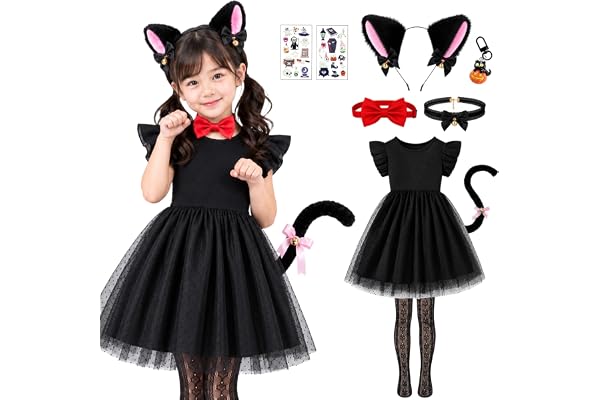 [GOKEI] 黒猫 コスプレ 女の子 ハロウィン 仮装 ワンピース 9点セット 130 | 猫耳カチューシャ ふわふわしっぽ ハート柄タイツ 黒ドット柄チュールスカート 長さ調節可能な赤い蝶ネクタイ かぶり式で着替え簡単 蓄光シール付き お遊戯会 発表会 文化祭 誕生日会 撮影会向け