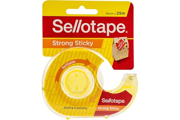 Sellotape Sellotape Strong Sticky Transparent Tape with Dispenser, Crystal Clear, 18mm x 25m, Strong Adhesion, Waterproof, Ideal for Gift Wrapping, Home & Office Use