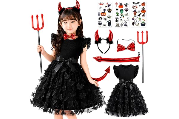 [Sunalchemy] ハロウィン コスプレ 子供 女の子 8点セット 悪魔 デビル 小悪魔 ドレス ワンピース 仮装 コスチューム キッズ ガールズ 可愛い パーティー 衣装 90〜130cm