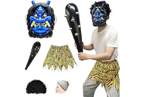 [DECEED] 節分 鬼 コスプレ 5点セット なまはげのお面 衣装 赤鬼 仮面 青鬼 仮装 豆まき 鬼退治 コスチューム（鬼お面*1、ウィッグ*1、ウィッグネット*1、虎柄パンツ*1、こん棒*1）