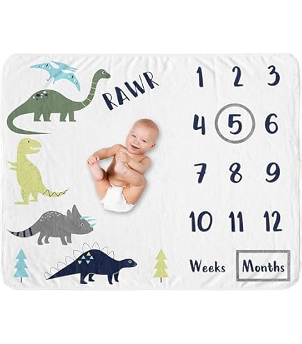 Dinosaur Baby Milestone Blanket - Minky Fleece 40x30 Inch Photo Prop With Weeks And Months