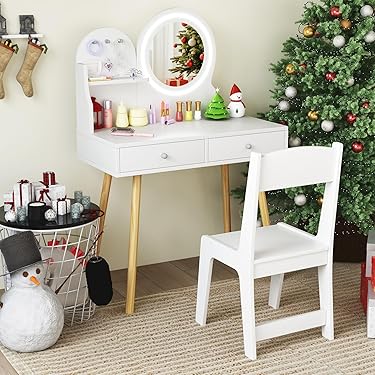 Giantex 子供ドレッサー 木製 椅子付き LEDライト付きミラー