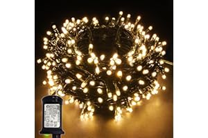 ダークグリーンケーブルのLED ストリングライトには、タイミング機能と12つの照明効果、低電圧変圧器が付いています、クリスマス パーティ ウエディングに (ウォームホワイト, 300球)