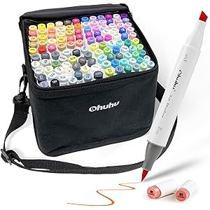 Ohuhu イラストマーカー 筆・太字 120色 ブレンダーペン付き マーカーペン ふでタイプ 両用 鮮やか 手帳 イラ…