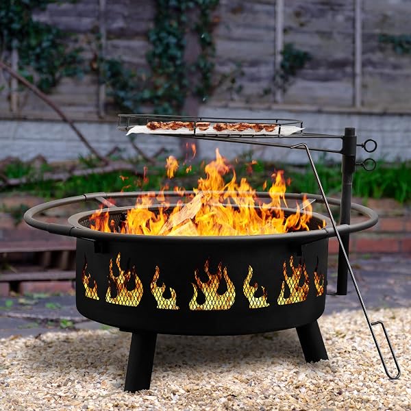 Fire Pits for Outside, Wood Fire Pits, Bonfire Pit, 30 Inch Round Cast Iron Fire  Pit with Grill for Patio, Backyard with Spark Screen, Fire Poker and Metal  Grate, Flame Cutout Pattern :