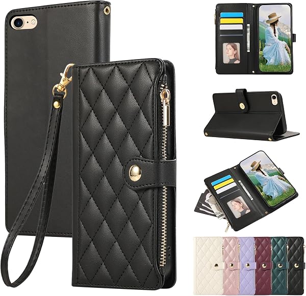 Rosbtib iPhone se Case Notebook Type 2/3 Generation Wallet Type Cover iPhone se3 Case Folio iPhone8 Case Stylish Zipper Type Coin Purse iPhone se2 Case Card Storage Mobile Cover iPhone se Smartphone - 1