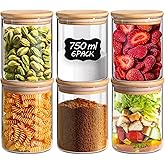 ComSaf Glass Storage Jars with Bamboo Lids, 750 ml, Set of 6, Round | Small Glass Canisters, Spice Jar , Snack Station Organi