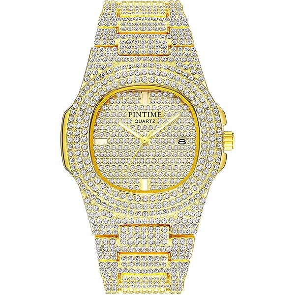 【圧巻の輝き】フルアイスアウト ラグジュアリーブリンブリンウォッチ Amazon | PINTIME メンズ フルアイスアウト 43mm ビッグフェイス
