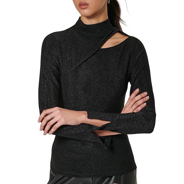 DKNY Women's Sheer Mesh-Lined Turtleneck Top - Printed Sportswear Style (Black Multi, XL) - View #10