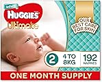 Huggies Ultimate Nappies, Unisex, Size 2 Infant (4-8kg), 192 Count, One-Month Supply, Packaging May Vary