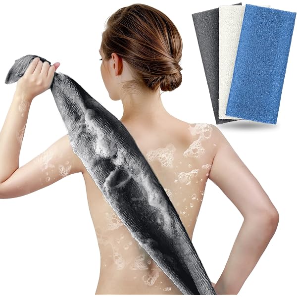 Japanese Exfoliating Washcloth 2-Pack - Charcoal & Silver Ion Body Scrub Towel, With Rope Handles