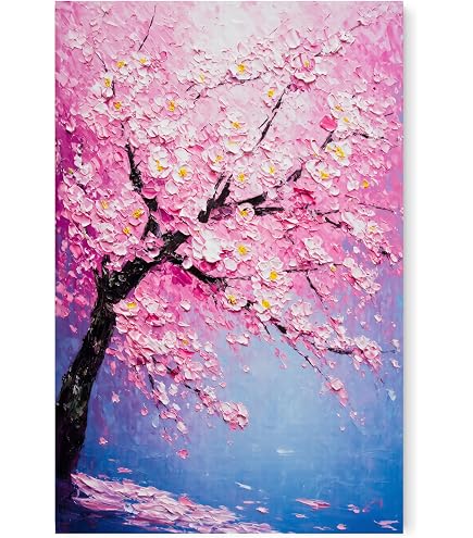Amazon.co.jp: 満開の桜絵画、ピンクの桜油絵、部屋の装飾、モダンな