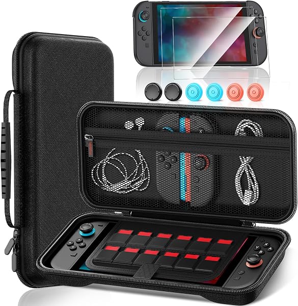 Switch 2 用 ケース 収納ケース Switch 2 保護フィルム 2枚+スイッチ2 保護カバー+スティックキャップ6枚 スイッチ2 保護ケース 大容量 収納バッグ 12ゲームカードスロット全面保護 高耐久性 キズ防止 耐衝撃 Switch2 対応 保護アクセサリーセット(ブラック) - 1