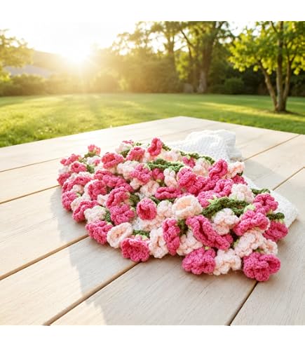 Amazon｜ピンクの花束ブランケット、手作りかぎ針編みの花ブランケット