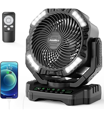 HOMEYA Camping Fan With Light 20000mAh Rechargeable Tent Fan With Remote, 9 Speeds Battery Powered Fans With Digital Display, Timer, Auto Oscillation & Hook For Camping, Outdoor Tents, Hurricane