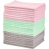 Amazon Basics Microfiber Cleaning Cloths, Non-Abrasive, Reusable and Washable - Pack of 24, 0.3m x0.41m, Pink, Green and Gray