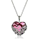 Amazon Collection Sterling Silver Oxidized Marcasite and Gemstone Colored Glass Filigree Heart Pendant Necklace, 18"