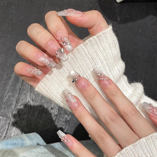 Amazon | [Yurixbox] ネイルチップ ロング グレーピンク ギャル