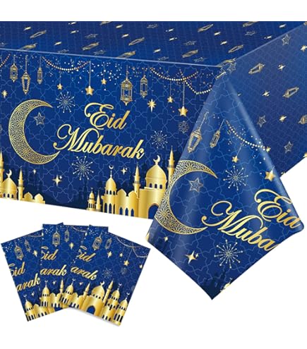 Rtteri 60 x 84 Inches Ramadan Tablecloth Decorations Eid Mubarak Washable Tablecloths Ramadan Cloths Polyester Eid Al Fitr Party Table Covers for Rectangle Table Dining Room Kitchen Decor(Blue