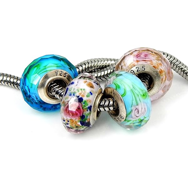 thumbnail image 2 of Sterling Silver Murano Glass Charm Beads - Mixed Set Of 5 Floral Rose Beads For European Bracelets 2 of 12