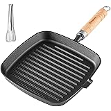 KingCamp フライパン IH対応 グリルパン 鋳鉄 魚焼きグリル 魚焼き ステーキ 23×25cm 焼き魚フライパン 直火対応 竹の柄 キャンプ アウトドア トング付き