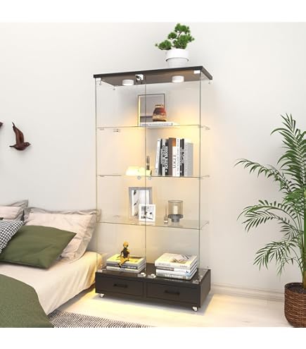 Amazon.co.jp: LED照明＆引き出し付き ガラスディスプレイキャビネット