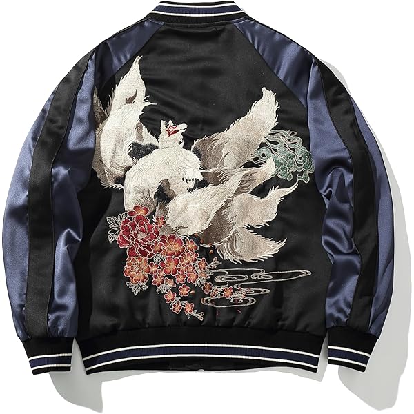 Amazon | [East Rain] 九尾刺繍 スカジャン 刺繍 金線 銀線 おしゃれ