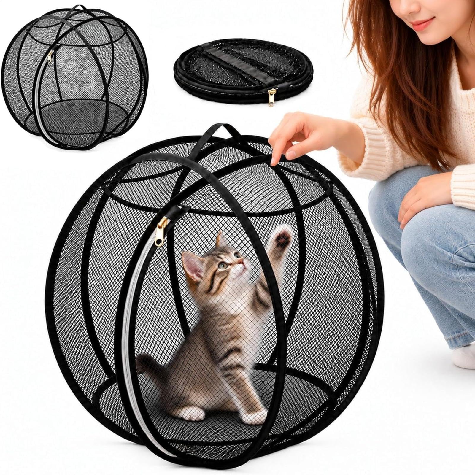 猫用プレイサークル 転がり 猫用ケージ 猫おもちゃ 折りたたみ可能 様子がよく見える 通気性メッシュ お手入れ簡単 キャスター付き | 猫 遊び場 サークル 家 部屋 庭園 ガーデン パティオ バルコニー キャンプ 庭 芝生 公園 屋外,ブラック